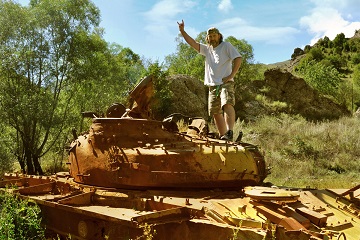 Caucasus mountains Karabakh war tank wreck