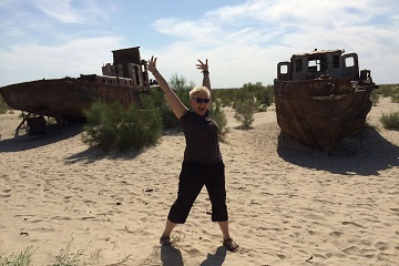 Dry seabed ghost ships Kazakhstan Aral Sea Central Asia Rally