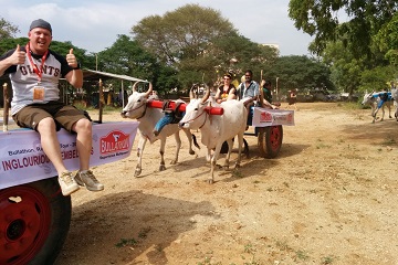 Bullathon, a holiday adventure by Travel Scientists in the real rural India. Explore Tamil Nadu on an ox cart. Be and dress whatever you like, go crazy